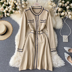 Retro O Neck Button Long Sleeve Streetwear Knitted Dress