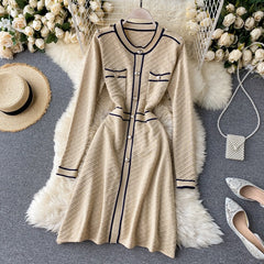 Retro O Neck Button Long Sleeve Streetwear Knitted Dress