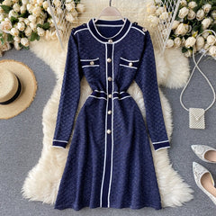 Retro O Neck Button Long Sleeve Streetwear Knitted Dress