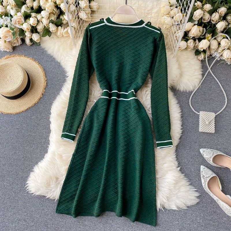 Retro O Neck Button Long Sleeve Streetwear Knitted Dress