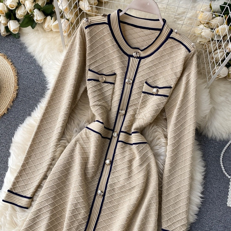 Retro O Neck Button Long Sleeve Streetwear Knitted Dress