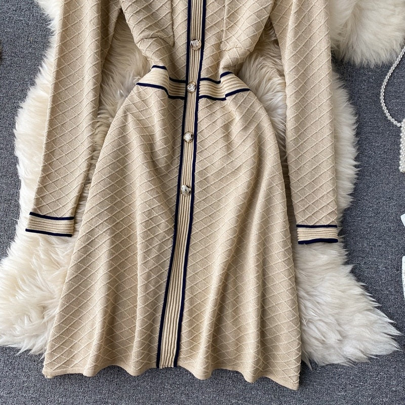 Retro O Neck Button Long Sleeve Streetwear Knitted Dress