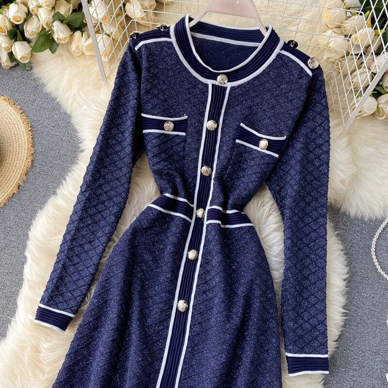 Retro O Neck Button Long Sleeve Streetwear Knitted Dress