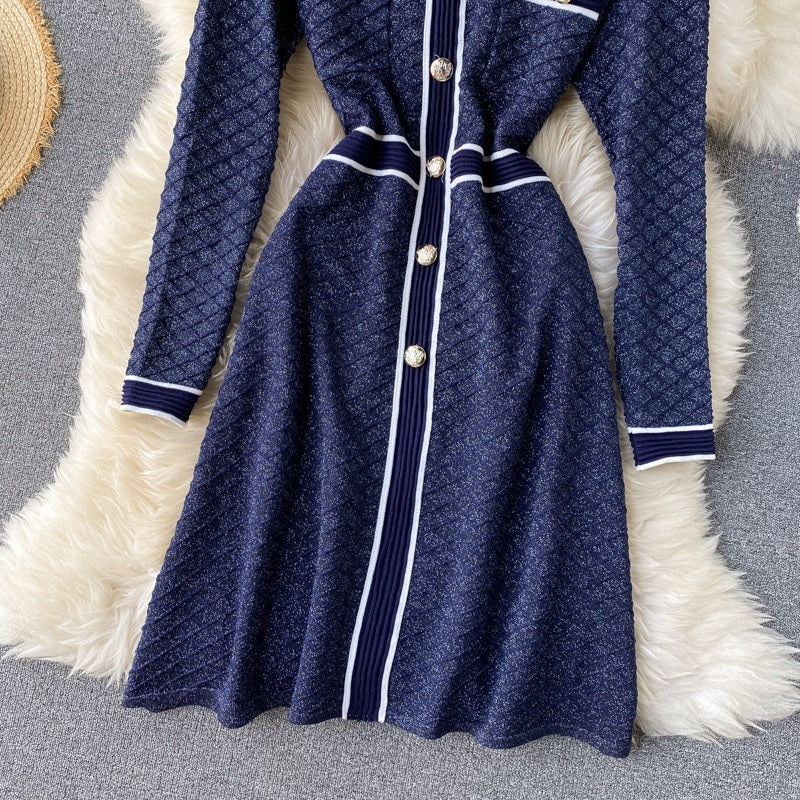 Retro O Neck Button Long Sleeve Streetwear Knitted Dress