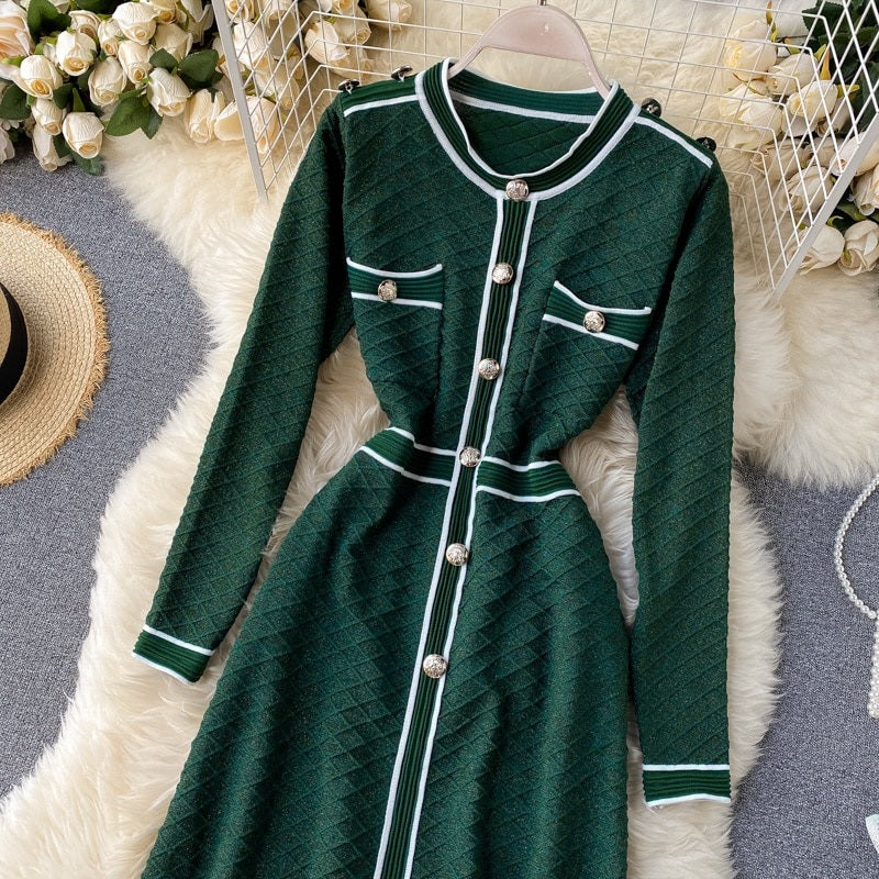 Retro O Neck Button Long Sleeve Streetwear Knitted Dress