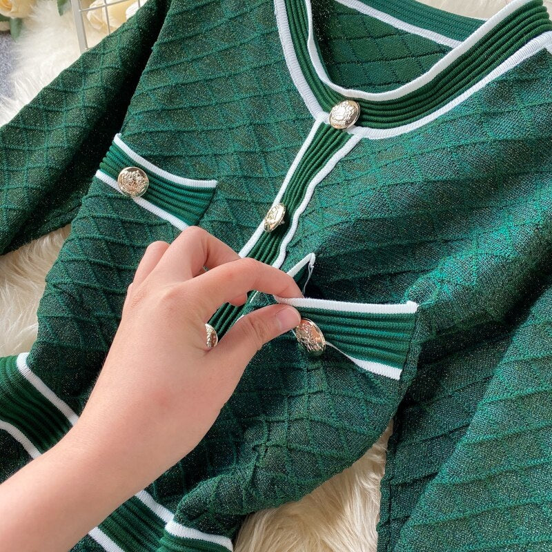Retro O Neck Button Long Sleeve Streetwear Knitted Dress