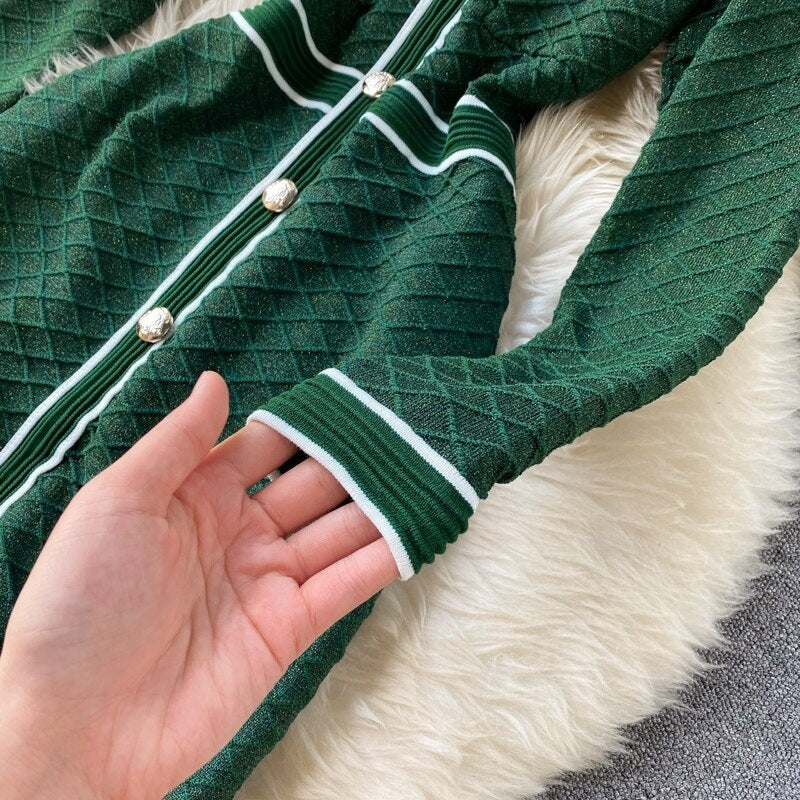 Retro O Neck Button Long Sleeve Streetwear Knitted Dress