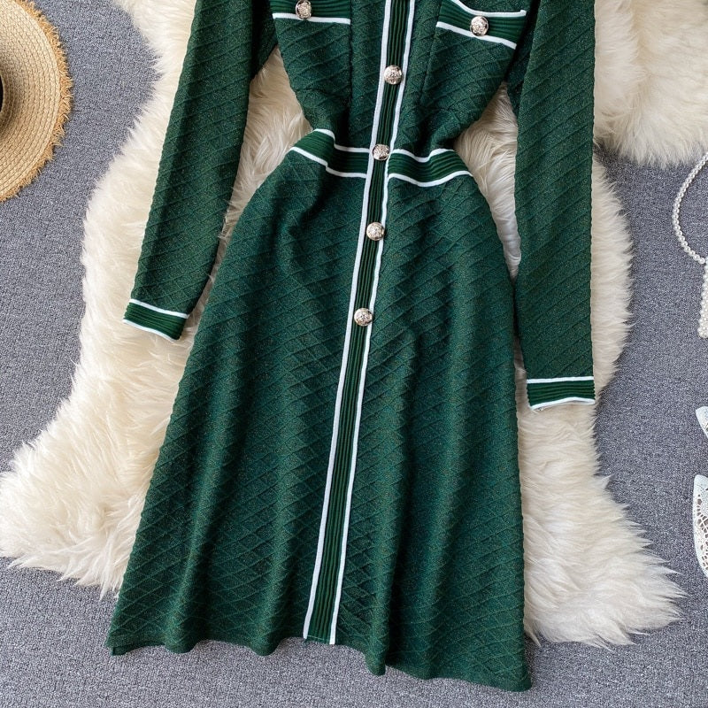 Retro O Neck Button Long Sleeve Streetwear Knitted Dress
