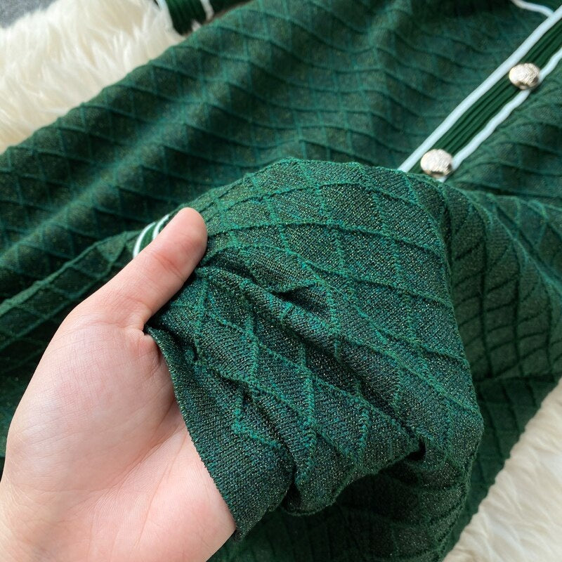 Retro O Neck Button Long Sleeve Streetwear Knitted Dress