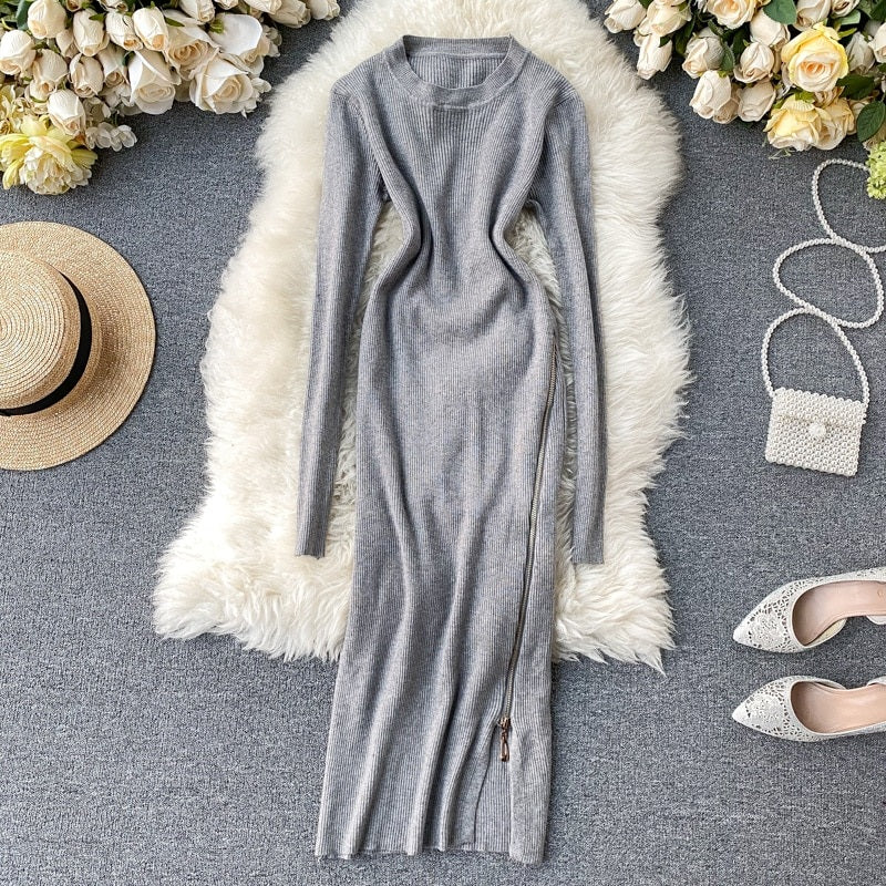 Retro O Neck Long Sleeve Design Knitted Zipper Split Dresses