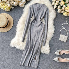 Retro O Neck Long Sleeve Design Knitted Zipper Split Dresses