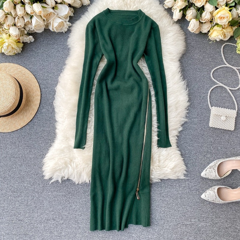 Retro O Neck Long Sleeve Design Knitted Zipper Split Dresses