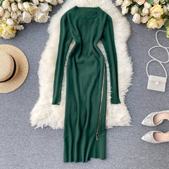 Retro O Neck Long Sleeve Design Knitted Zipper Split Dresses