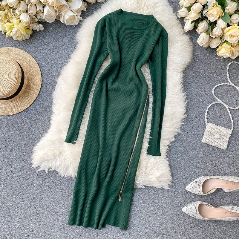 Retro O Neck Long Sleeve Design Knitted Zipper Split Dresses