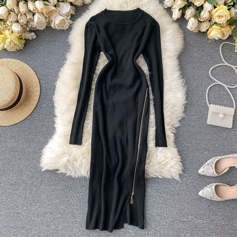 Retro O Neck Long Sleeve Design Knitted Zipper Split Dresses