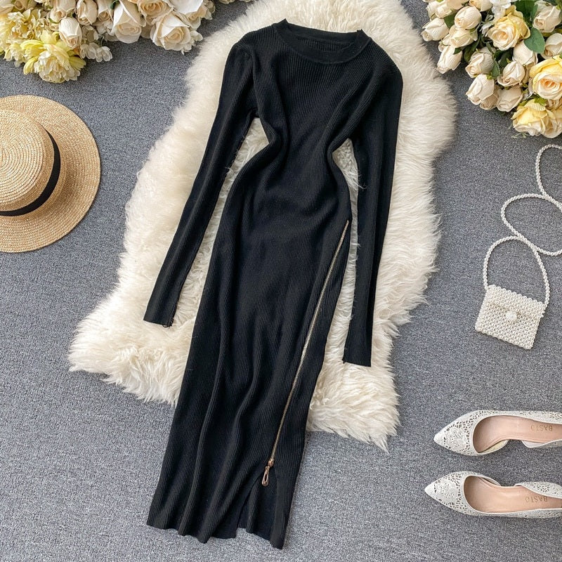 Retro O Neck Long Sleeve Design Knitted Zipper Split Dresses