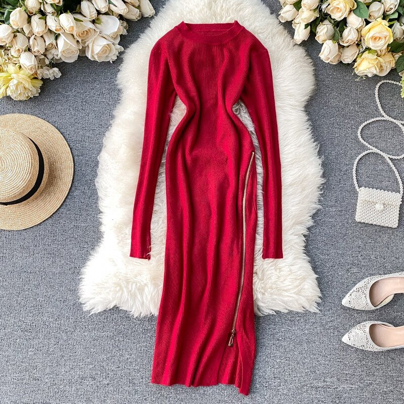 Retro O Neck Long Sleeve Design Knitted Zipper Split Dresses