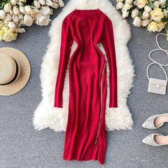 Retro O Neck Long Sleeve Design Knitted Zipper Split Dresses