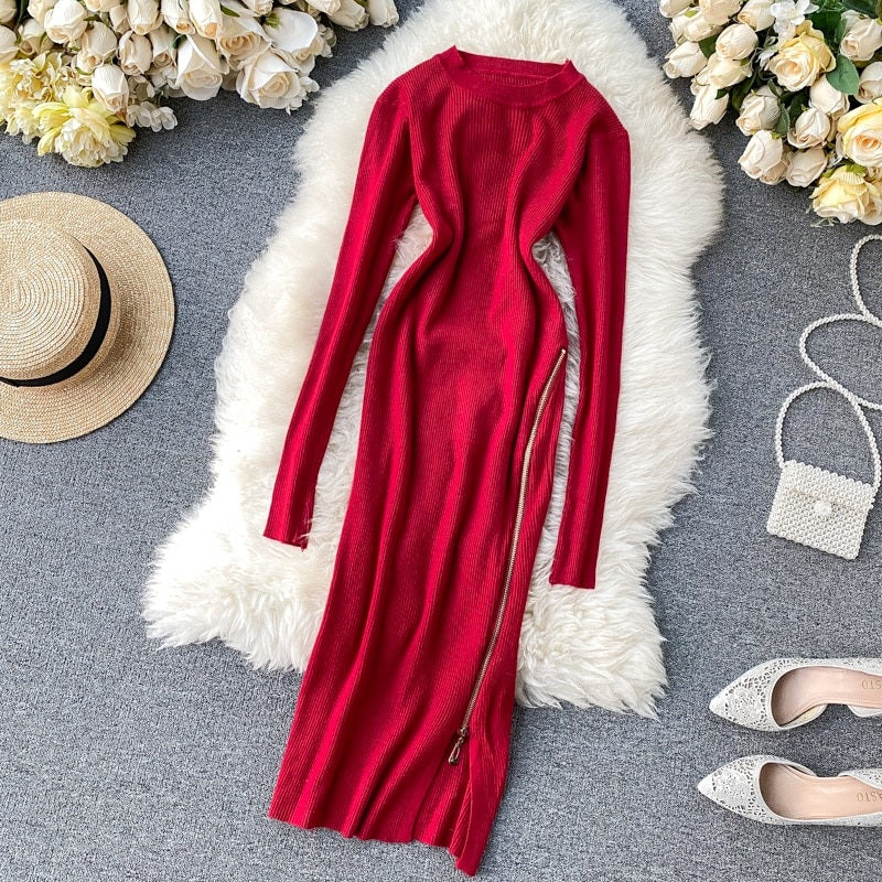 Retro O Neck Long Sleeve Design Knitted Zipper Split Dresses