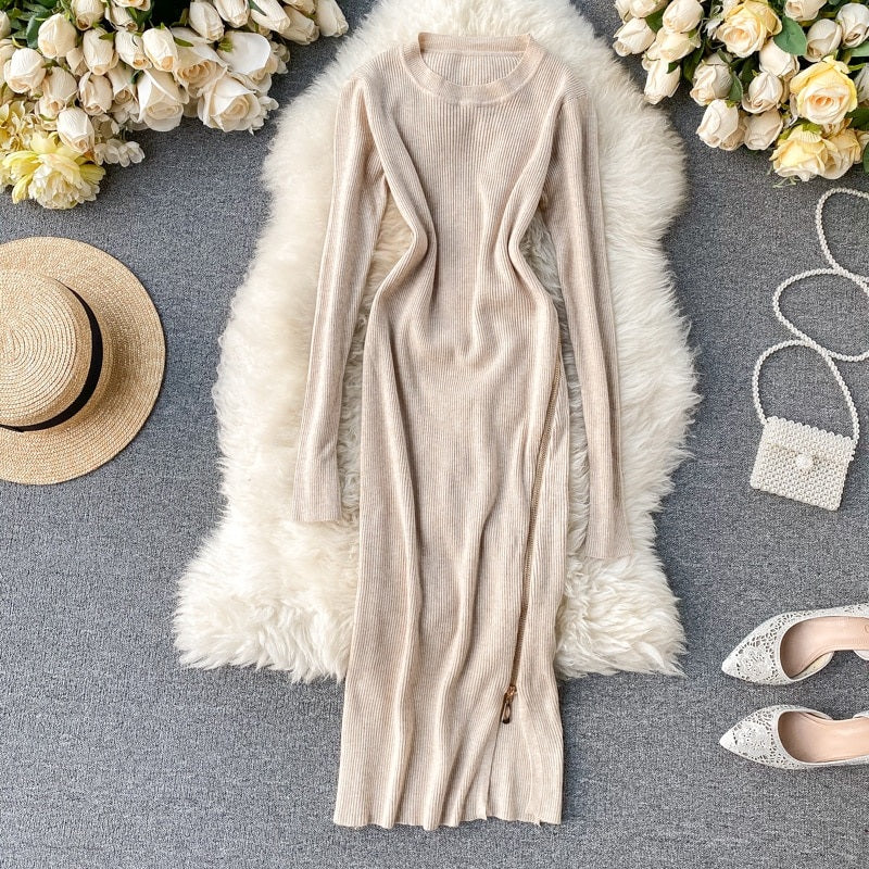 Retro O Neck Long Sleeve Design Knitted Zipper Split Dresses