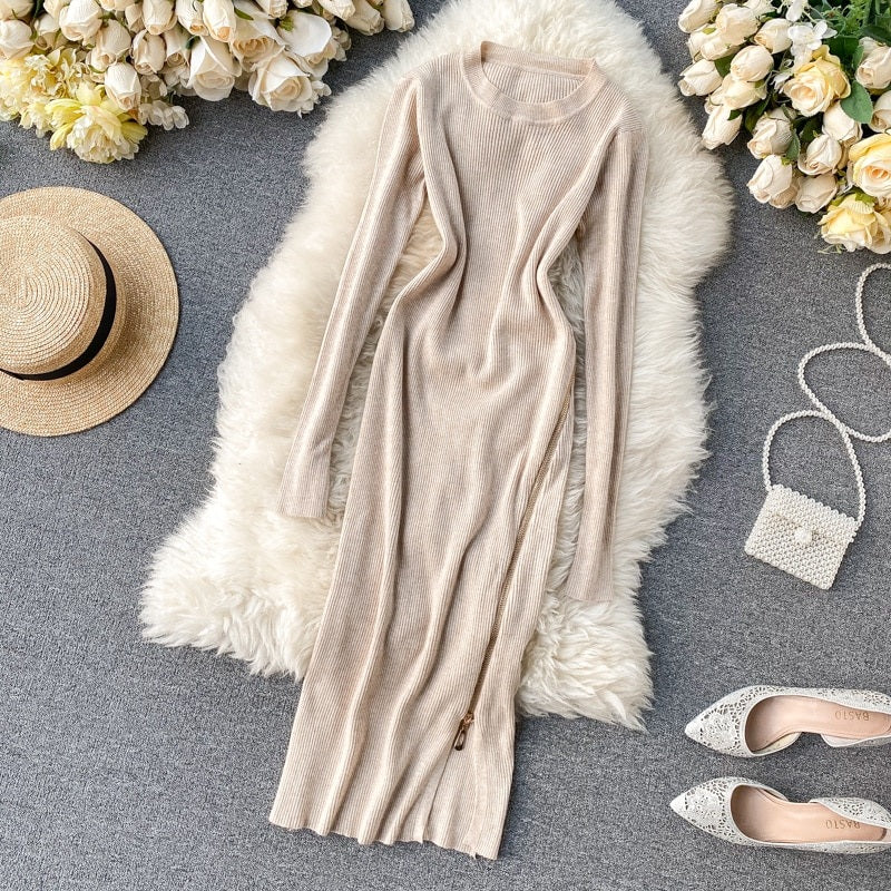 Retro O Neck Long Sleeve Design Knitted Zipper Split Dresses