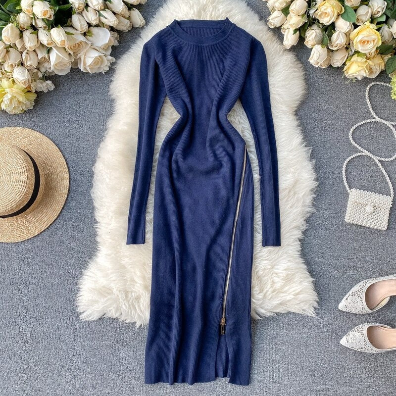 Retro O Neck Long Sleeve Design Knitted Zipper Split Dresses