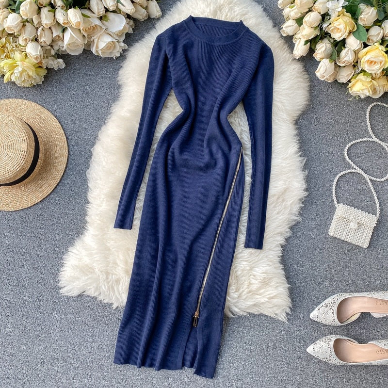 Retro O Neck Long Sleeve Design Knitted Zipper Split Dresses