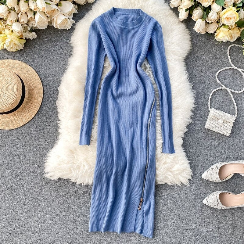 Retro O Neck Long Sleeve Design Knitted Zipper Split Dresses