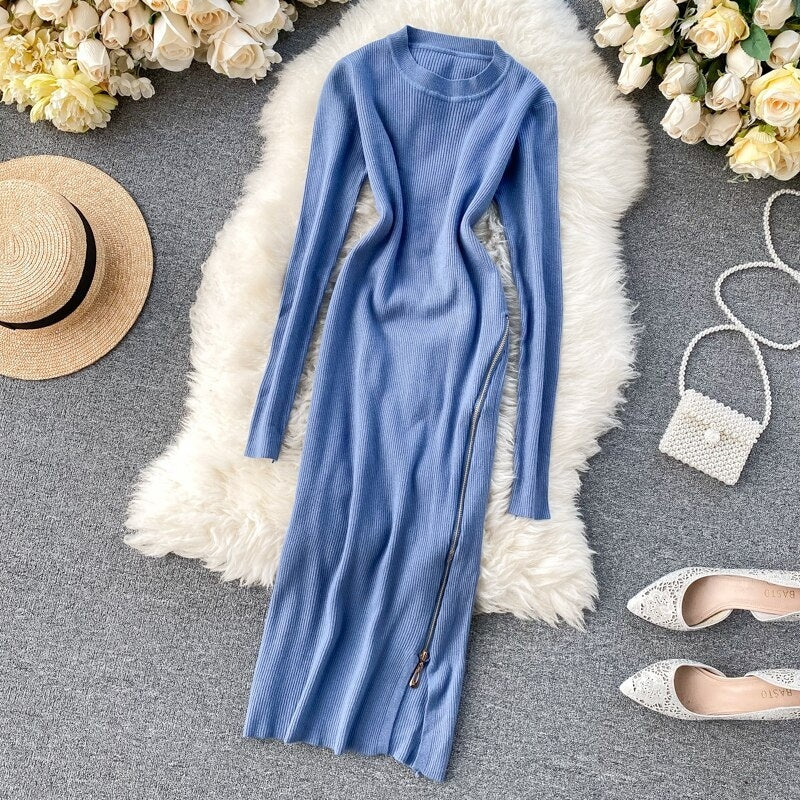 Retro O Neck Long Sleeve Design Knitted Zipper Split Dresses
