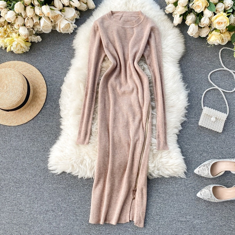 Retro O Neck Long Sleeve Design Knitted Zipper Split Dresses