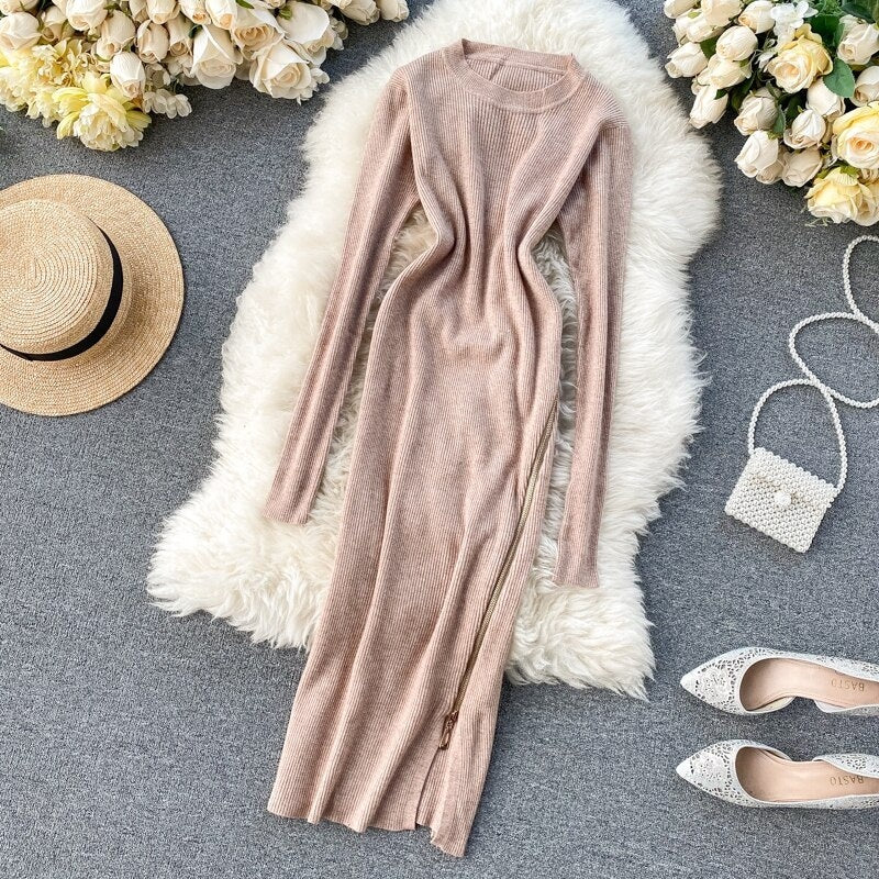 Retro O Neck Long Sleeve Design Knitted Zipper Split Dresses