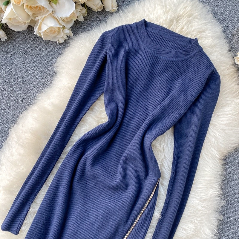 Retro O Neck Long Sleeve Design Knitted Zipper Split Dresses