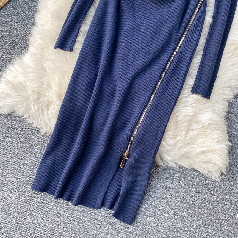 Retro O Neck Long Sleeve Design Knitted Zipper Split Dresses