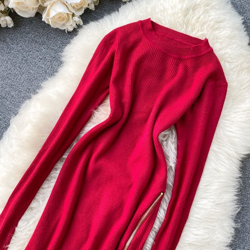 Retro O Neck Long Sleeve Design Knitted Zipper Split Dresses