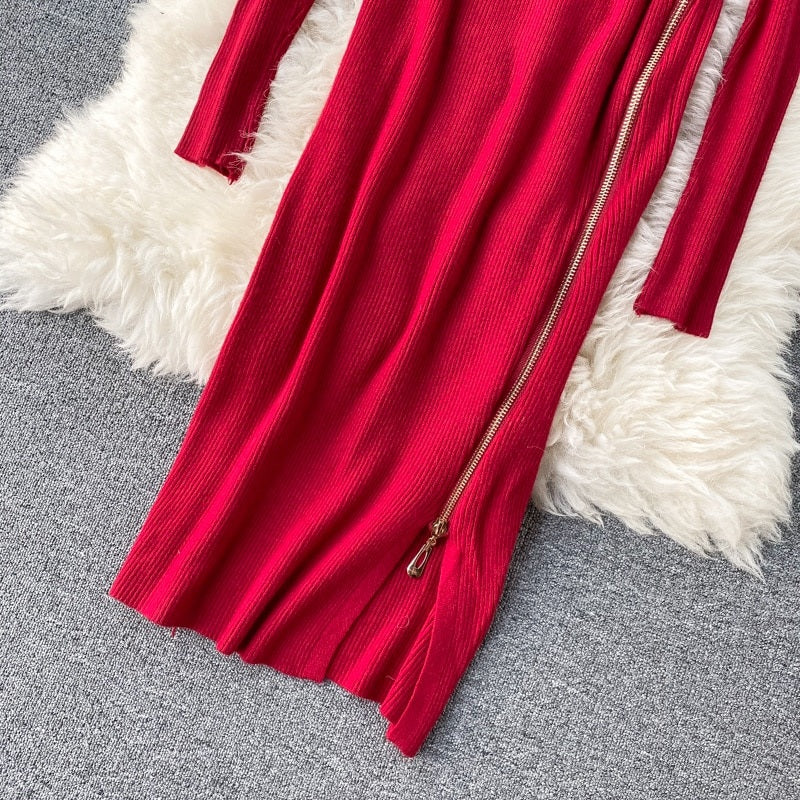 Retro O Neck Long Sleeve Design Knitted Zipper Split Dresses