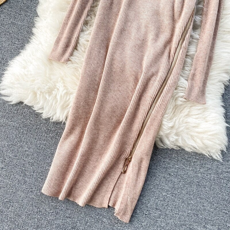 Retro O Neck Long Sleeve Design Knitted Zipper Split Dresses