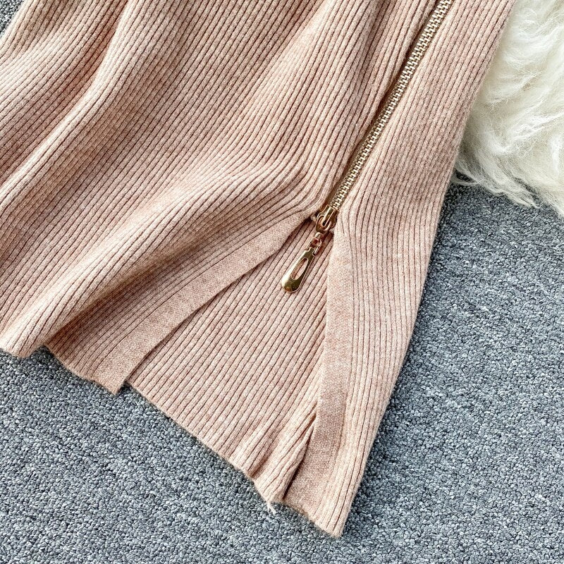 Retro O Neck Long Sleeve Design Knitted Zipper Split Dresses