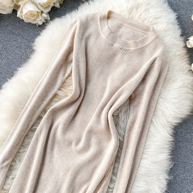Retro O Neck Long Sleeve Design Knitted Zipper Split Dresses