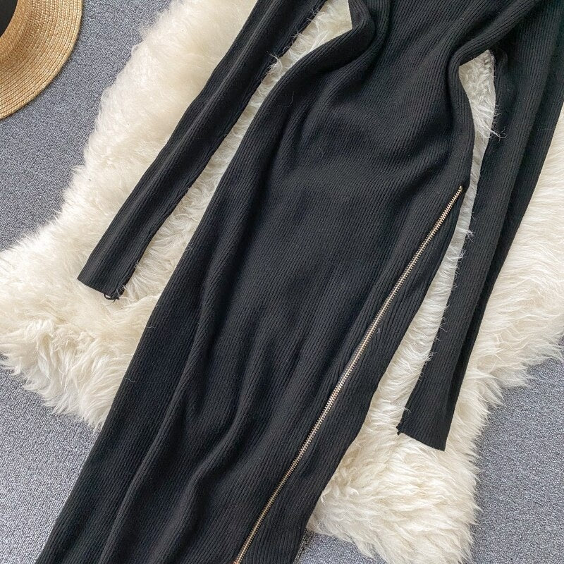 Retro O Neck Long Sleeve Design Knitted Zipper Split Dresses