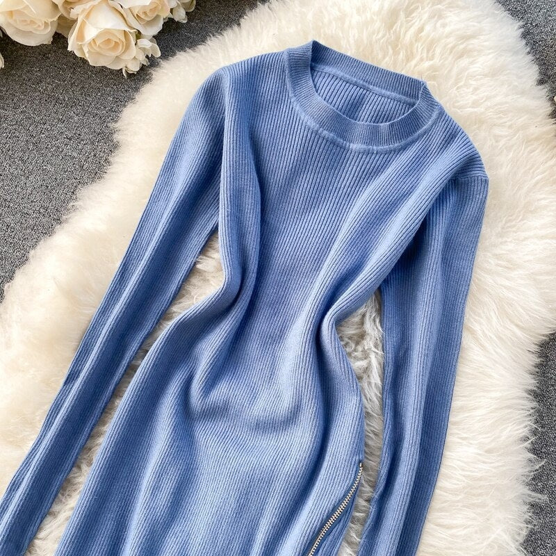 Retro O Neck Long Sleeve Design Knitted Zipper Split Dresses