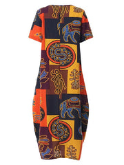 Retro O-neck Short Sleeve Loose Baggy Print Maxi Dress