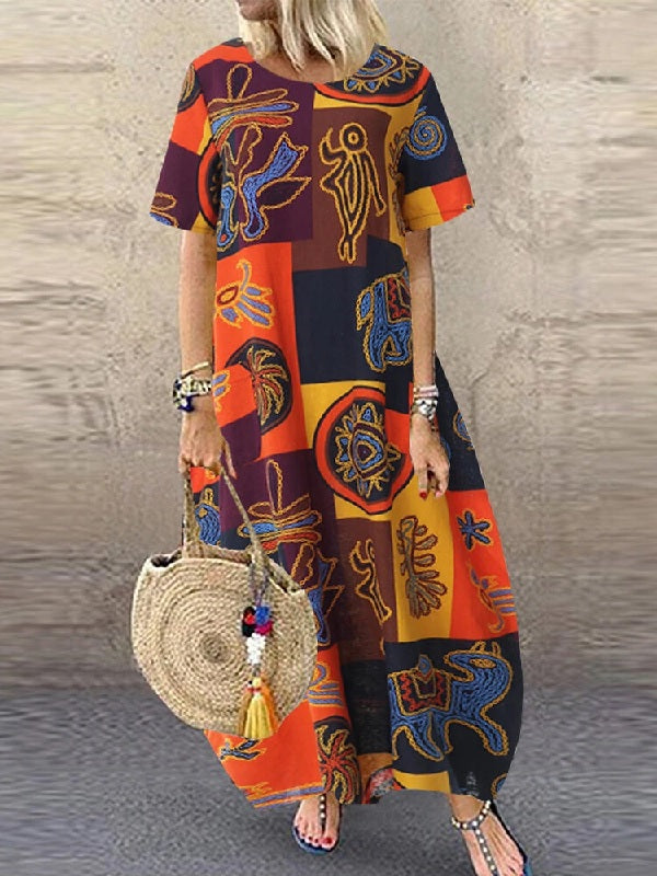 Retro O-neck Short Sleeve Loose Baggy Print Maxi Dress