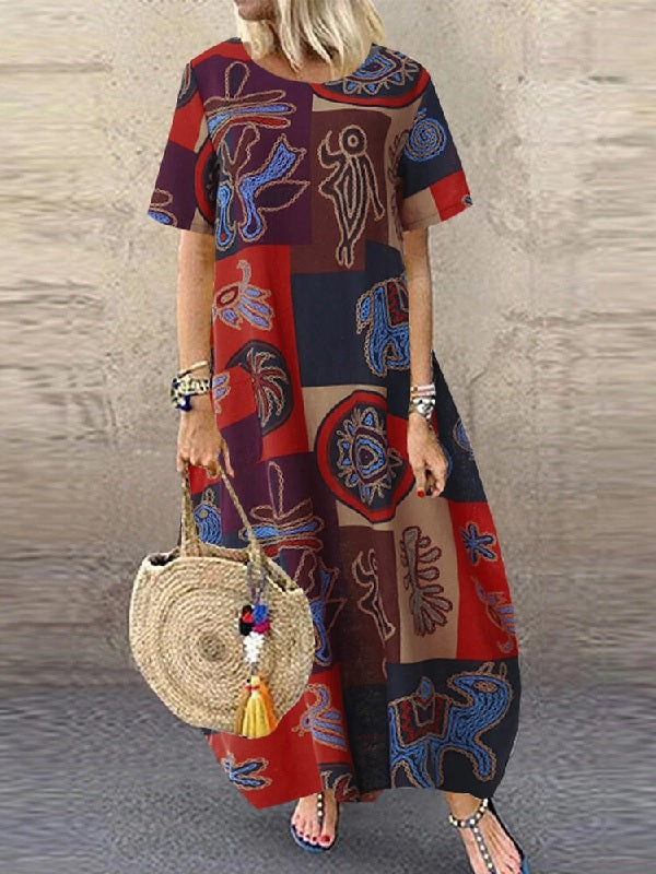 Retro O-neck Short Sleeve Loose Baggy Print Maxi Dress