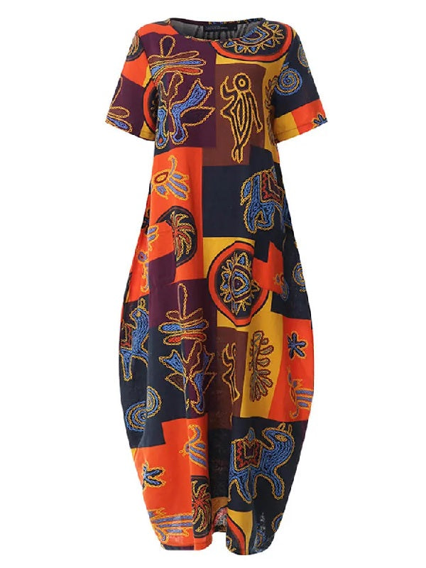 Retro O-neck Short Sleeve Loose Baggy Print Maxi Dress
