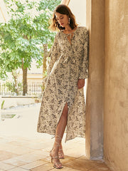 Retro Paisley Print Tie Long Sleeve Slit Maxi Dress With Belt
