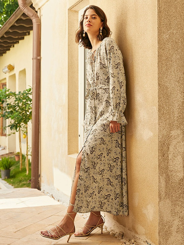 Retro Paisley Print Tie Long Sleeve Slit Maxi Dress With Belt