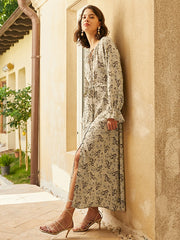 Retro Paisley Print Tie Long Sleeve Slit Maxi Dress With Belt