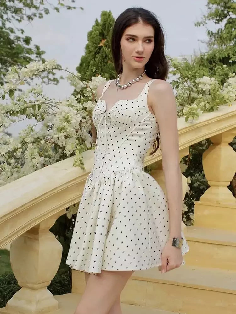 Retro Polka Dot Sleeveless With Back Shirring Mini Dress