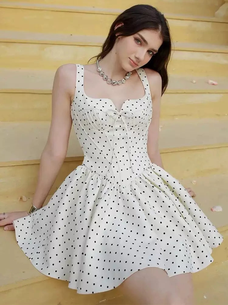 Retro Polka Dot Sleeveless With Back Shirring Mini Dress