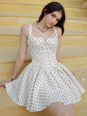 Retro Polka Dot Sleeveless With Back Shirring Mini Dress